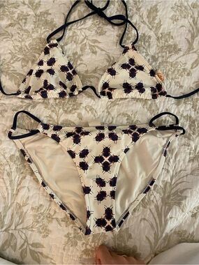 Tory Burch Cream Bikini Top with Navy and Rust Bug Print